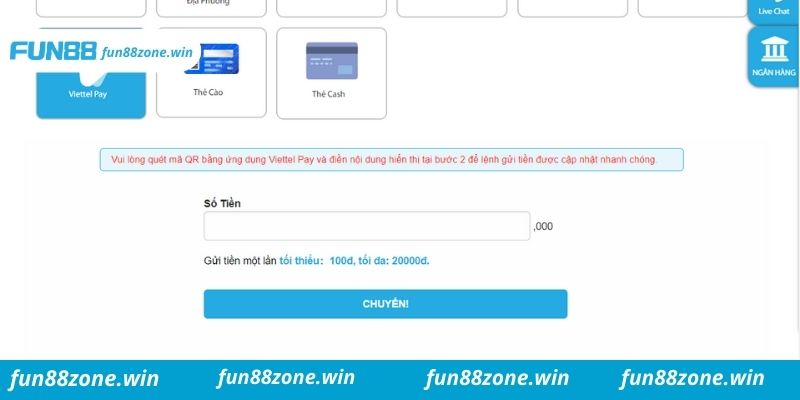 Phương pháp nạp tiền Fun88 qua Viettel Pay